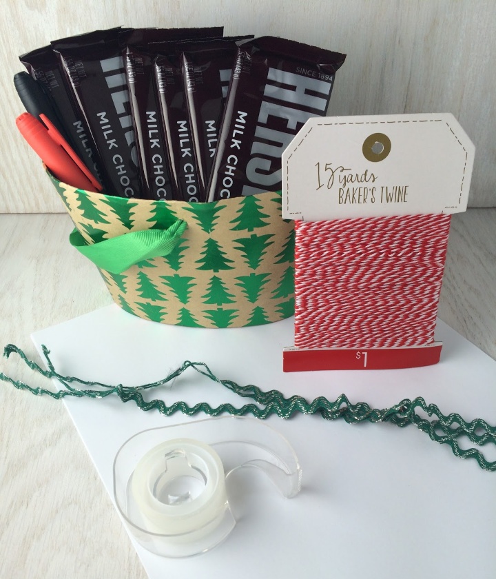 What you will need to make a Snowmen Candy Bar Basket for a DIY teacher gift