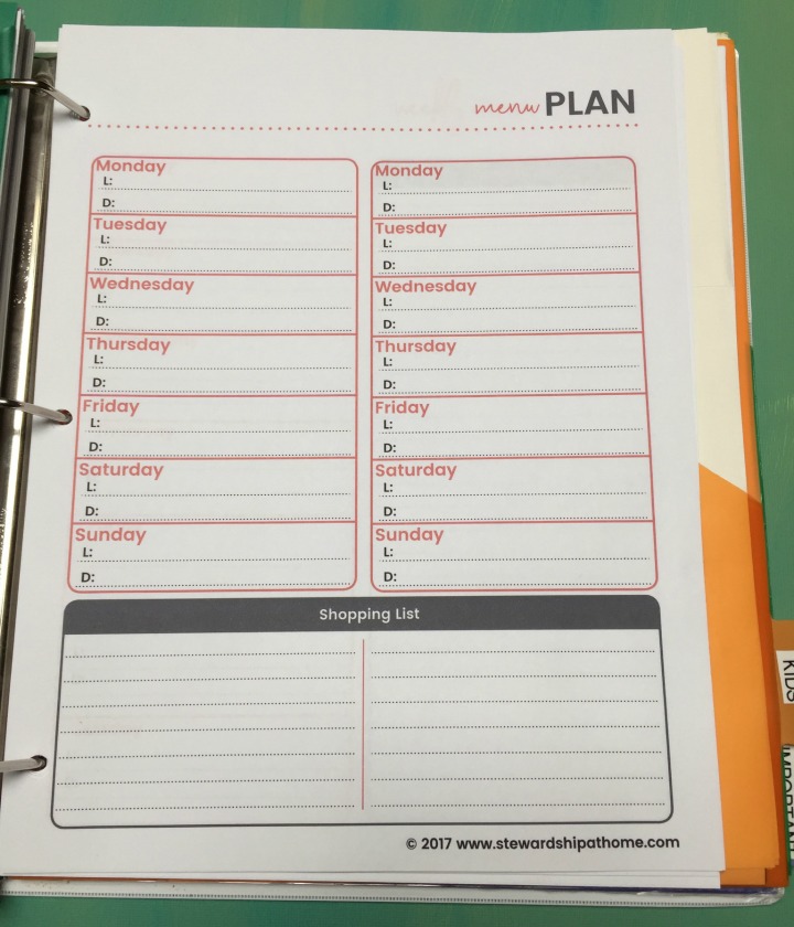 simple household planner 2-week menu planning printable page